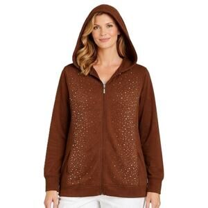 Quacker Factory Top Size 1X Brown Rhinestones Zip Front Pockets Hood Sparkly Y2K